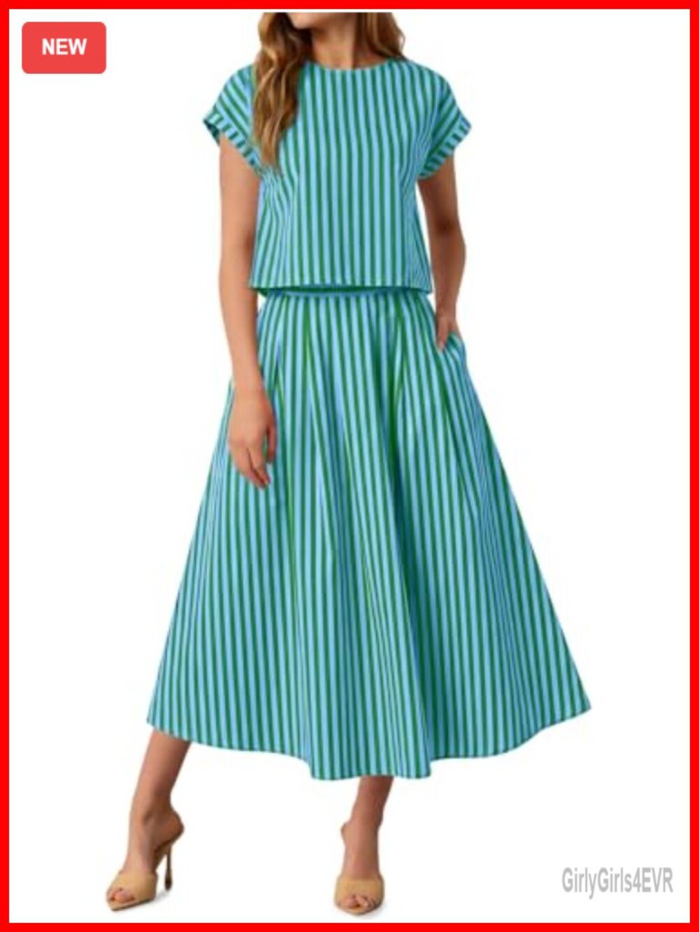 Tankaneo Womens Striped 2 Piece Skirt Set Cap Sleeve Midi Casual Outfit